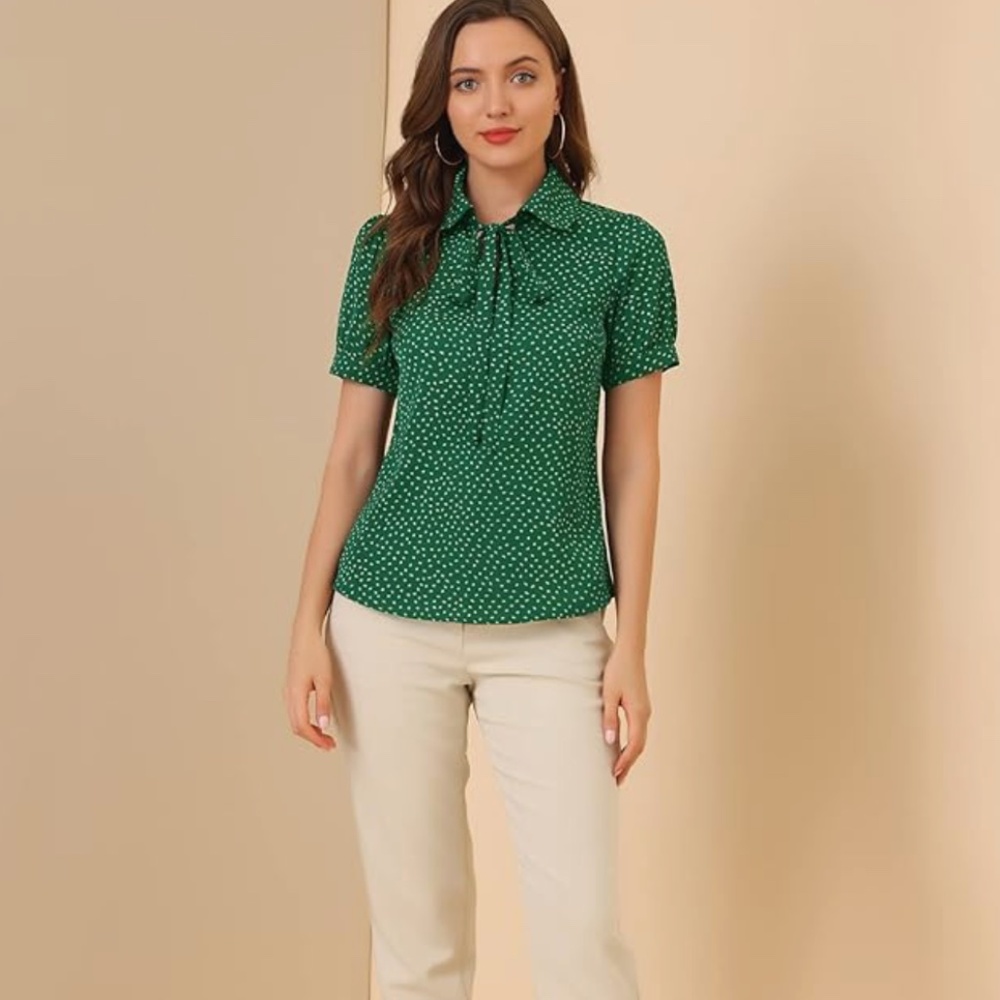 NWT Allegra K Teal and White Polka Dot Blouse - Picture 14 of 14